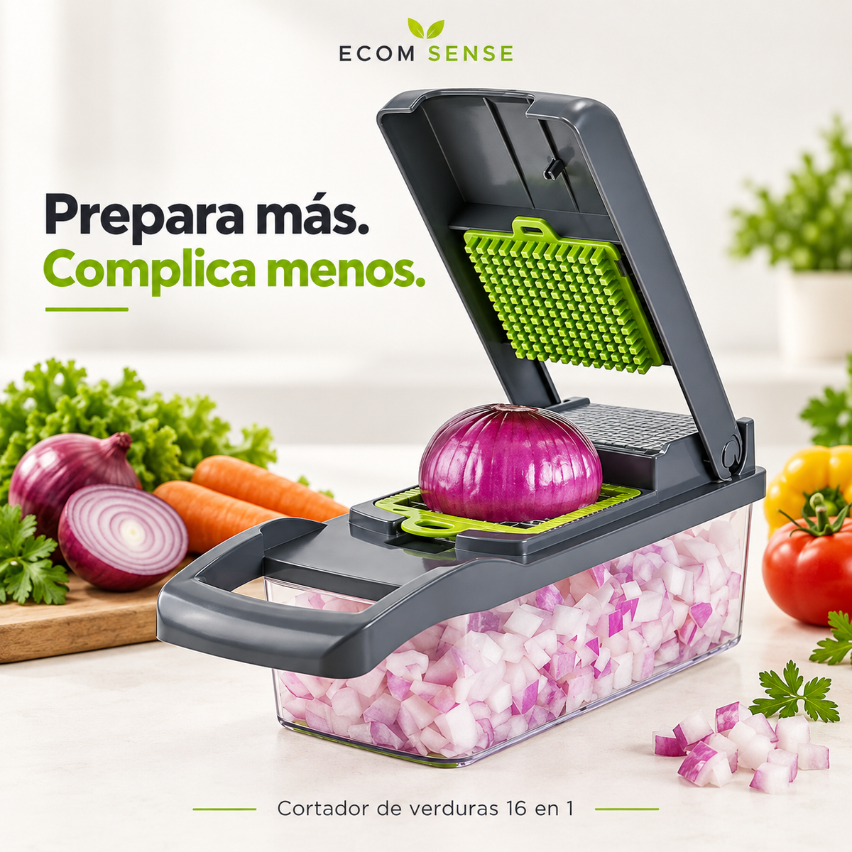 Cortador de verduras 16 en 1 gris y verde lima con recipiente transparente — ECOM SENSE
